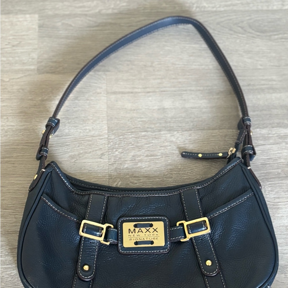 Maxx New York Navy Blue Shoulder Bag with Gold Hardware